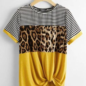 Twisted Front Color Block Leopard Tee